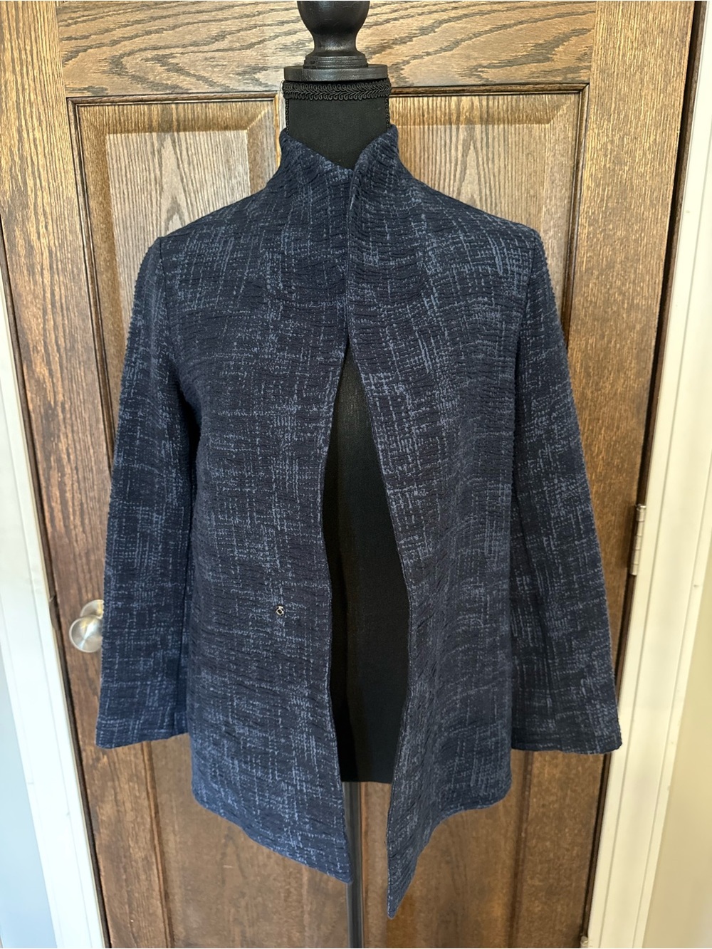 Eileen Fisher Womens Navy Textured Open-Front Stand Neck Blazer Jacket XS/S